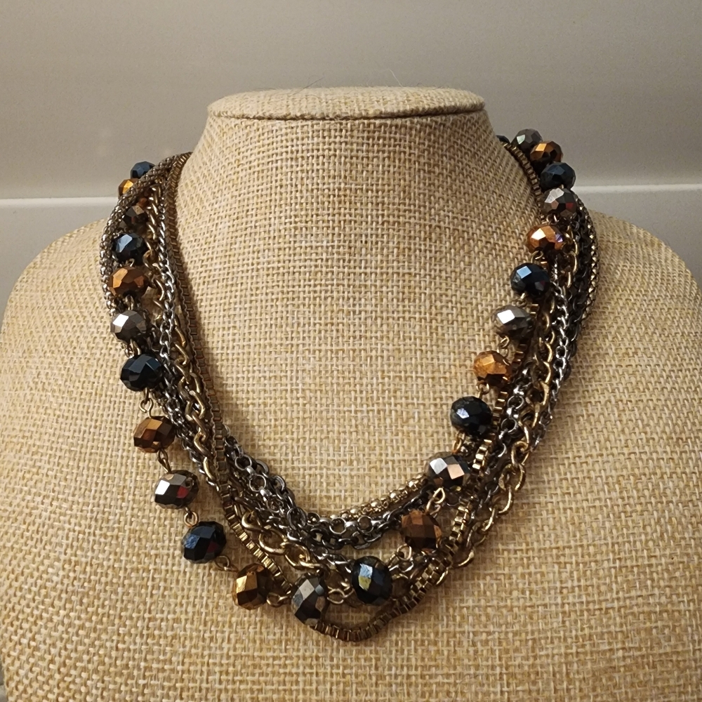 Multi-Strand Mixed Metal Chain Glass Beaded Statement Necklace Metallic Bohemian